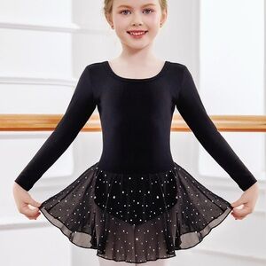 NWT Girls Black Long Sleeve Leotard & Skirt Set Size 10-12